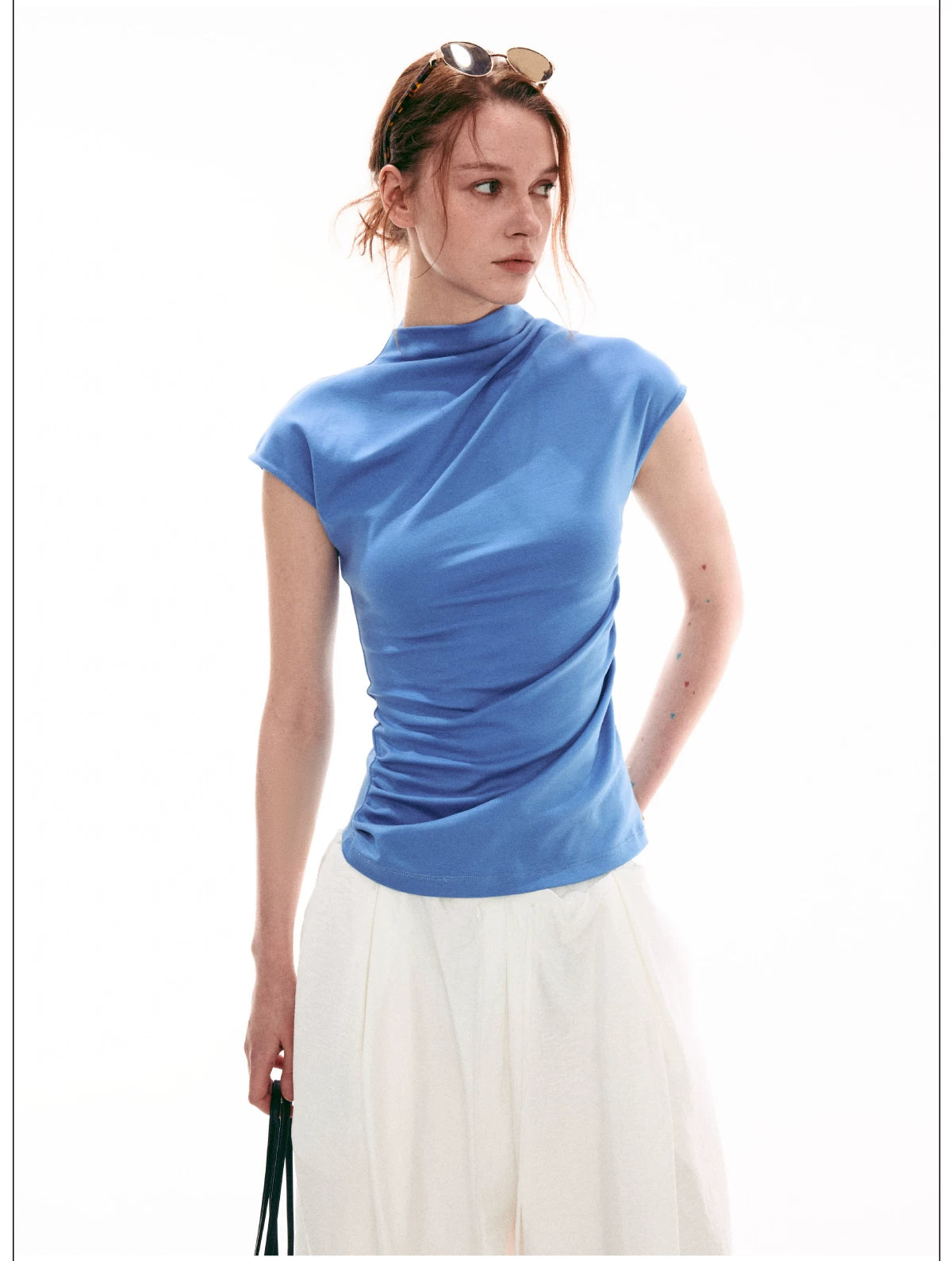 French-Inspired Mock Neck Ruched Slim-Fit Cap Sleeve Top