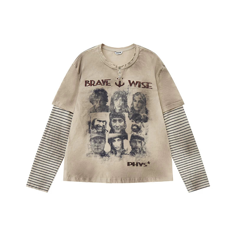 Pirate Print Striped Henley Layered-Look T-Shirt Main image