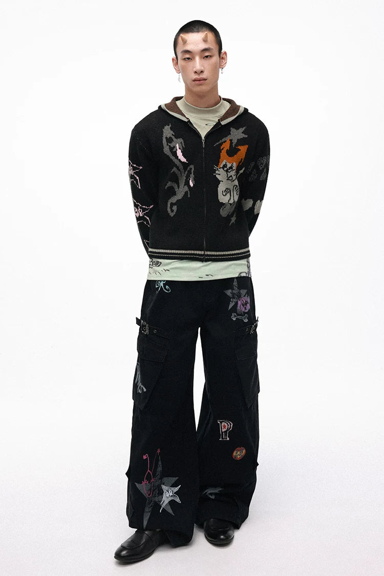Grotesque Hand-Drawn Graphic Panel Loose Fit Cargo Denim Pants