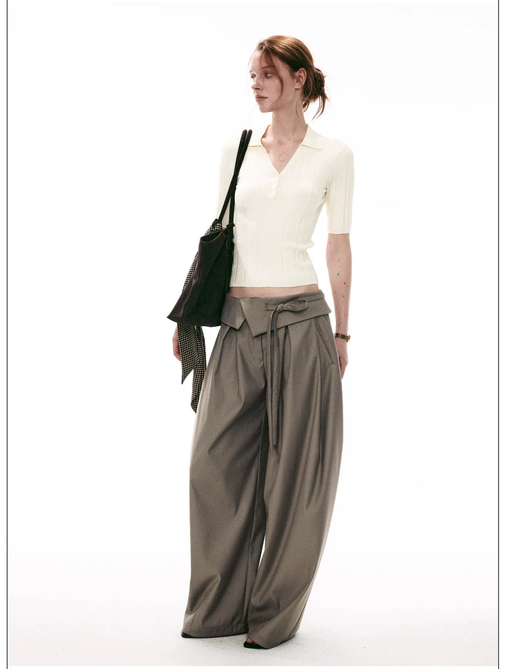 French-Inspired Ribbed Half Sleeve Polo Knit Top