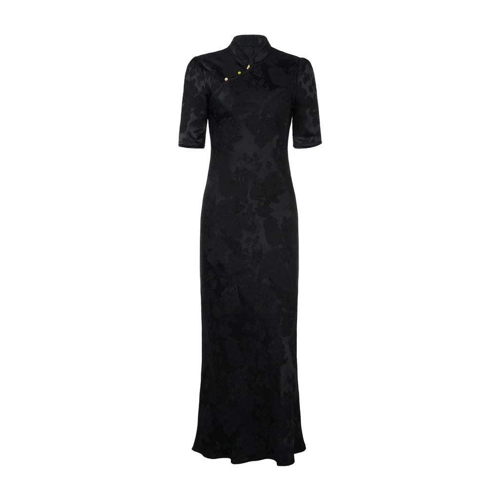 Jacquard Bias-Cut Mid-Sleeve Cheongsam Dress