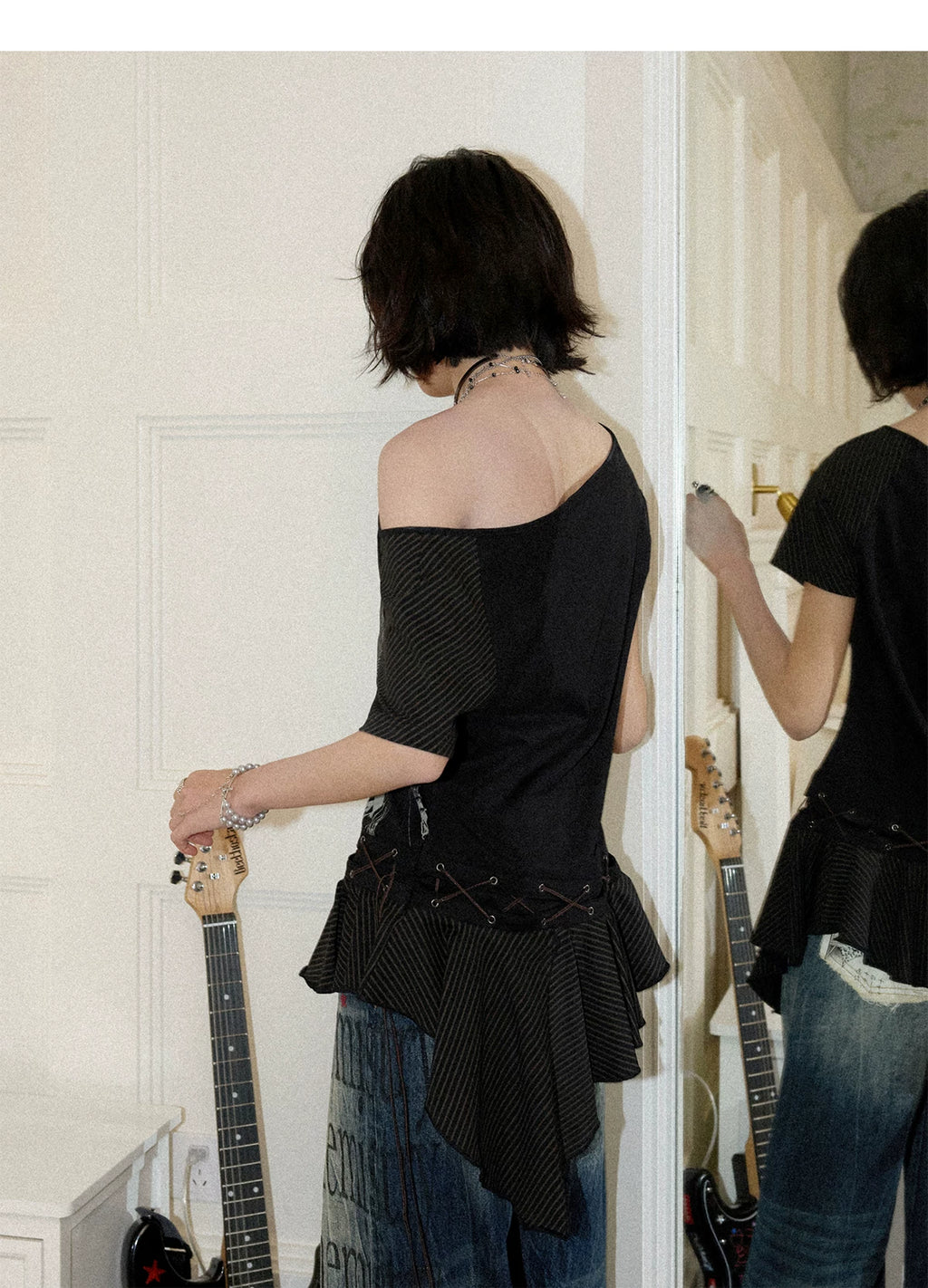 NANA Collaboration Asymmetrical Off-Shoulder Lace Hem Lace-Up Graphic T-Shirt