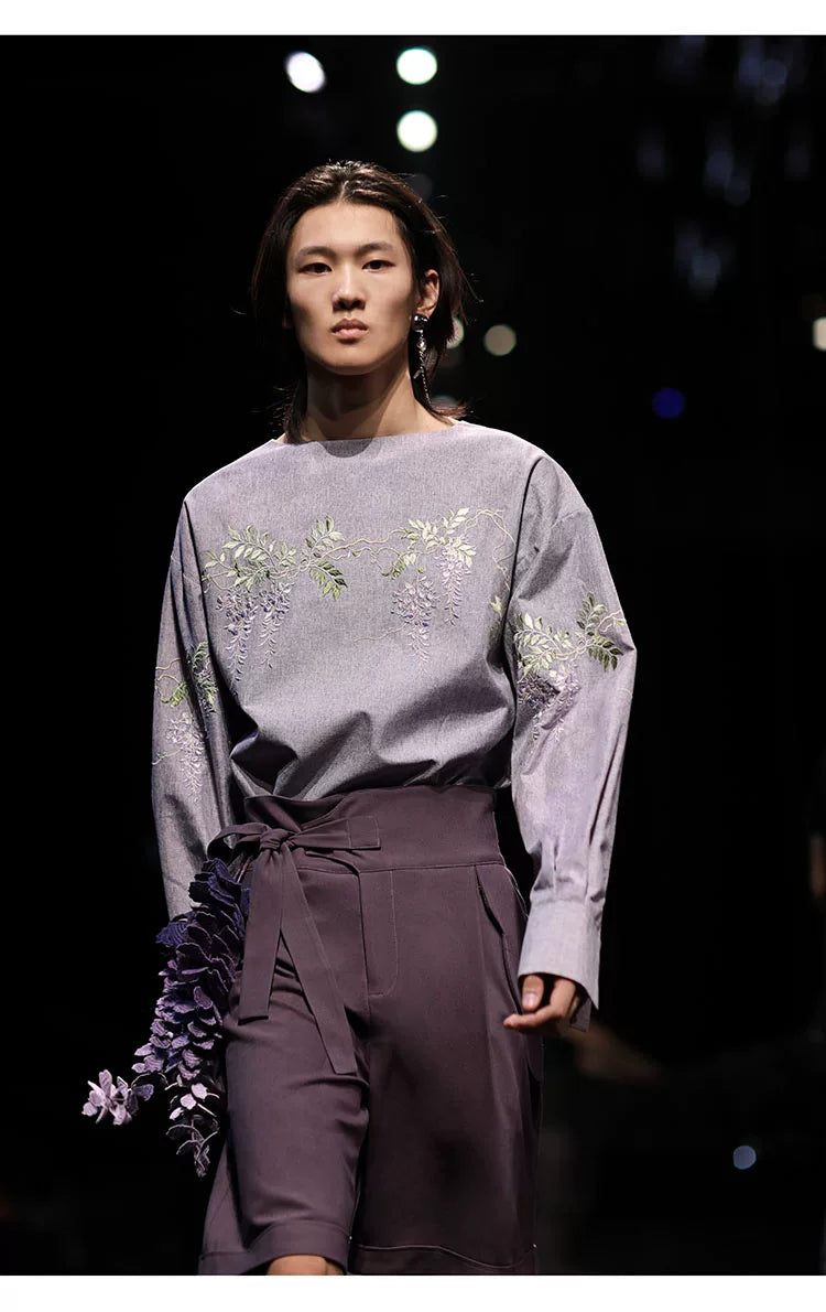 Wisteria Embroidered Loose Off-Shoulder Long Sleeve Shirt