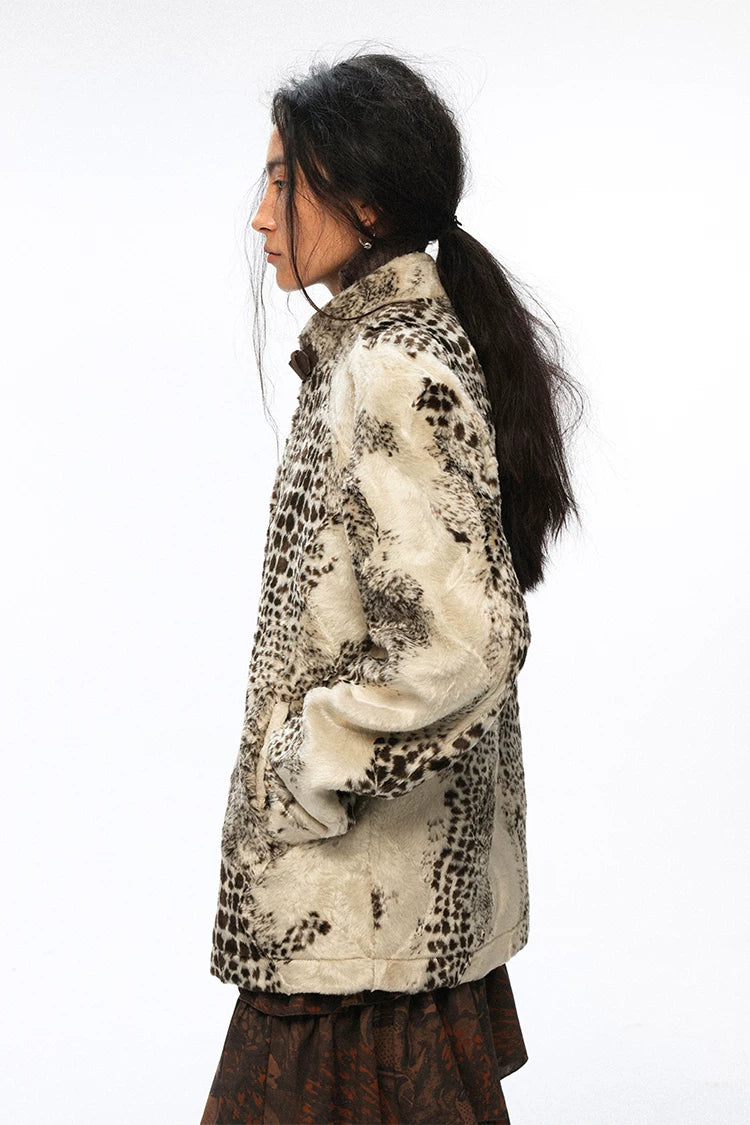 Leopard Print Faux Fur Glossy Stand Collar Cropped Casual Jacket