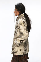 Leopard Print Faux Fur Glossy Stand Collar Cropped Casual Jacket