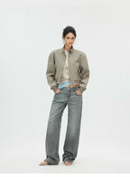 Vintage Washed Cropped Jacket with Plaid Lining