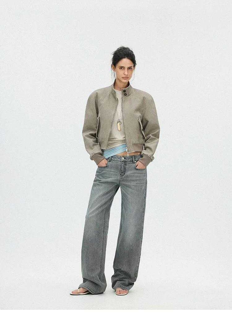 Vintage Washed Cropped Jacket with Plaid Lining