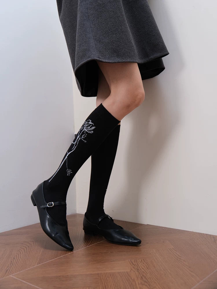 Black Crew Socks with Side Rose Embroidery