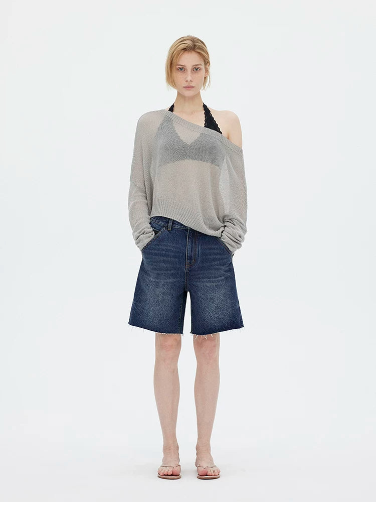 Asymmetric Shoulder Lyocell Linen Knit Cover-Up