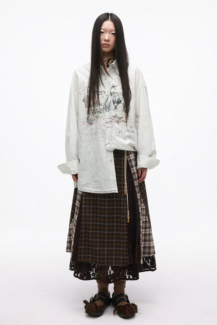 Vintage Plaid Lace Patchwork Layered Midi Skirt