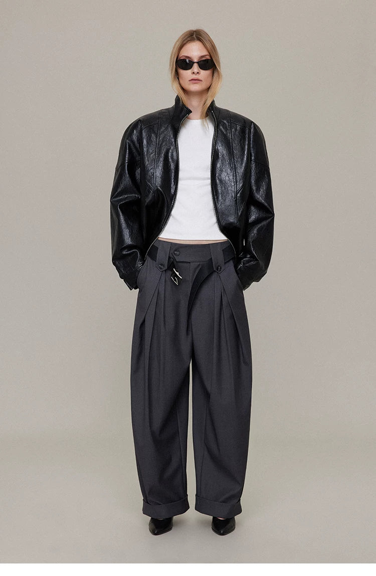 Waxed Black Leather Moto Jacket with Curved Shoulders