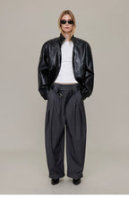 Waxed Black Leather Moto Jacket with Curved Shoulders