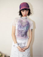 Lace Ruched Slim-Fit Printed Short Sleeve T-Shirt