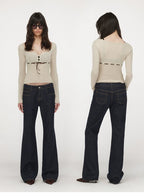 Velvet Tie U-Neck Half-Placket Fitted Knit Top