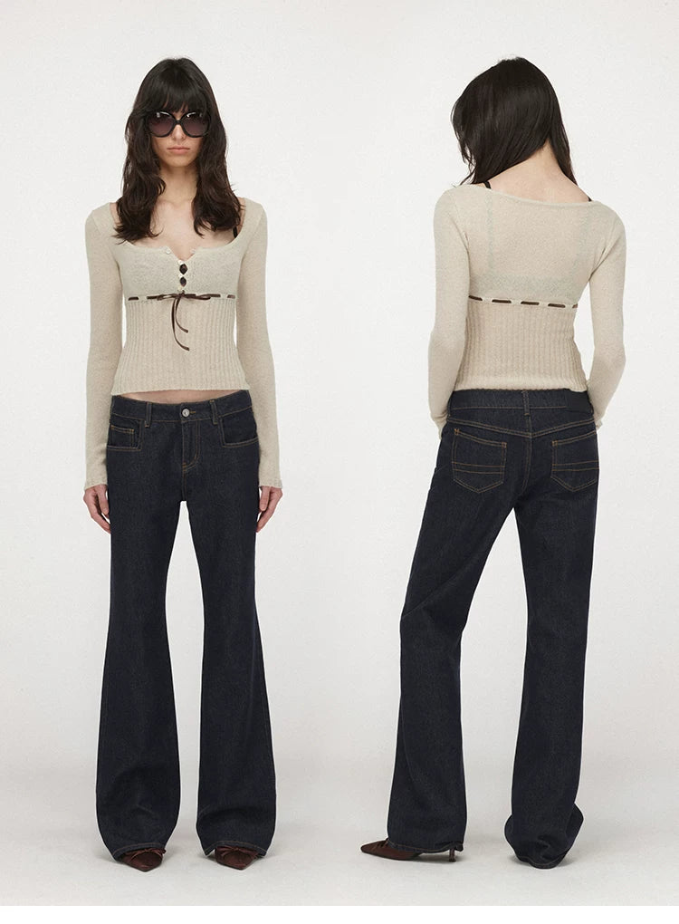 Velvet Tie U-Neck Half-Placket Fitted Knit Top