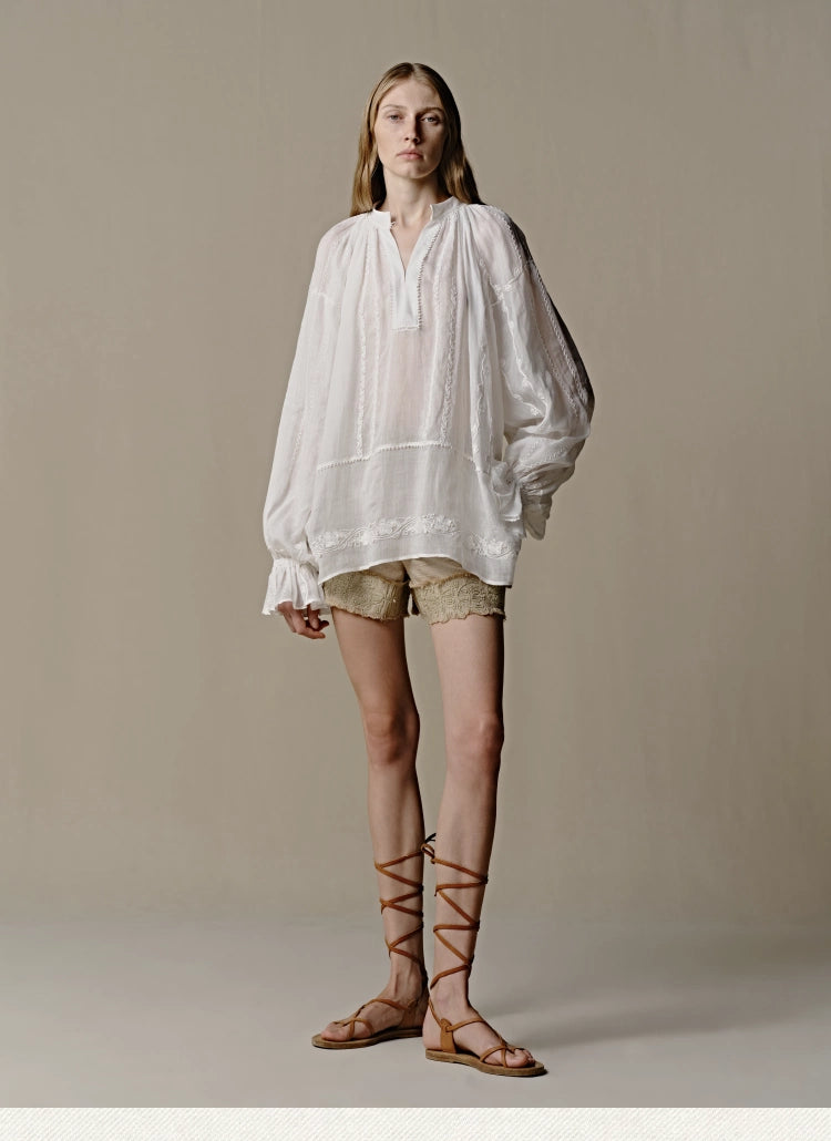 Ramie Bubble Sleeve Blouse with Woven Trim Secondary image