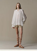 Ramie Bubble Sleeve Blouse with Woven Trim
