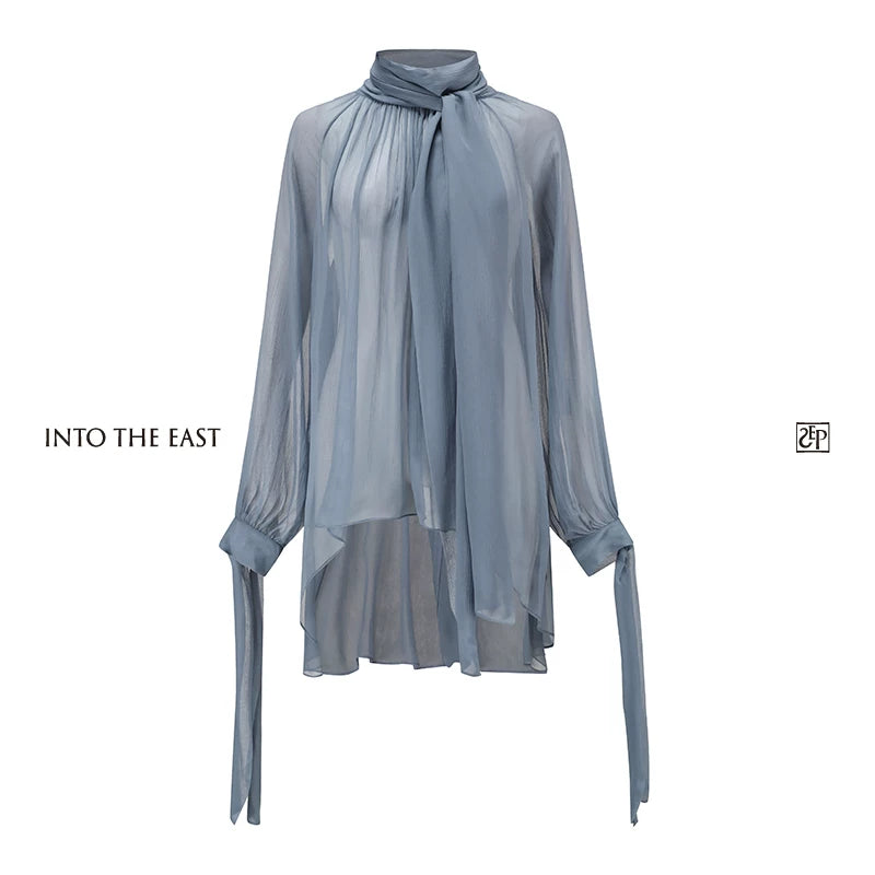 Mulberry Silk Semi-Sheer Tie-Neck Blouse