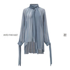 Mulberry Silk Semi-Sheer Tie-Neck Blouse