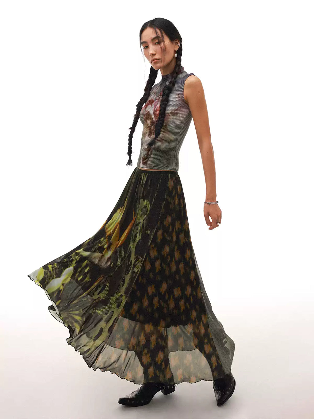 Floral Asymmetric Draped Midi Skirt