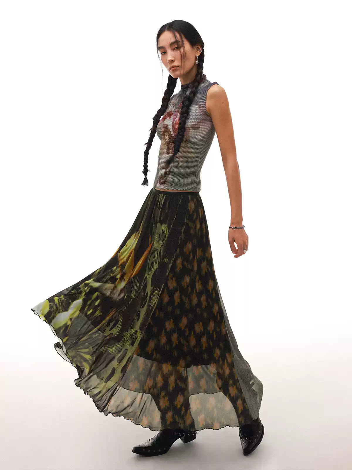 Floral Asymmetric Draped Midi Skirt