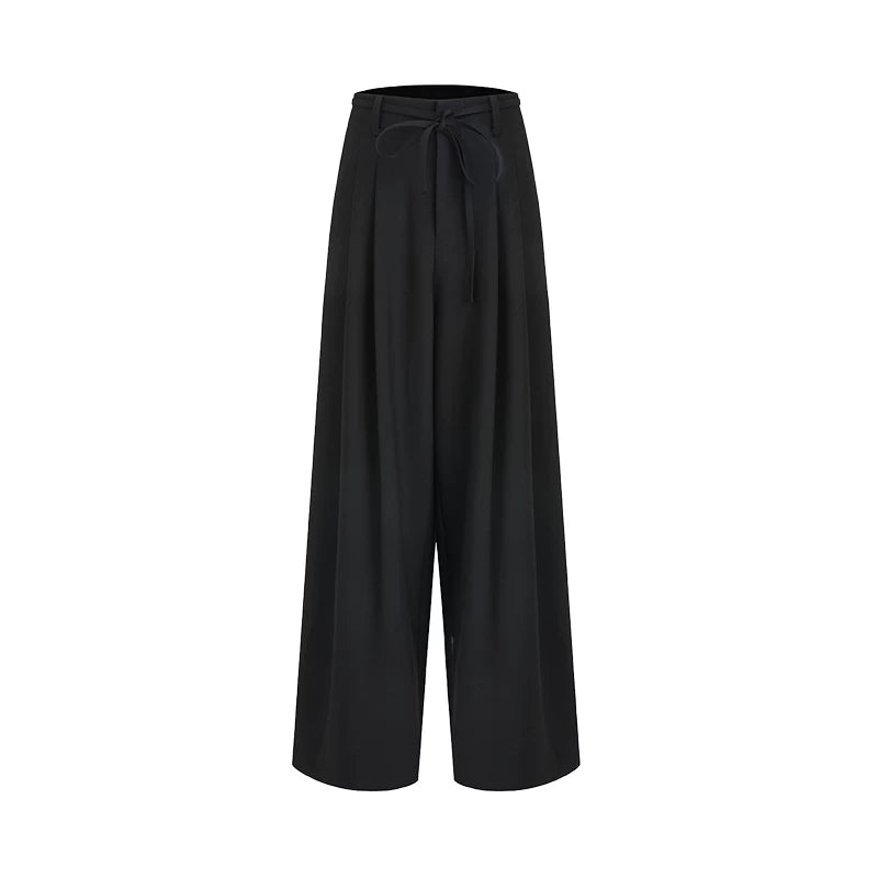 Black Tie-Waist Pleated Wide-Leg Pants
