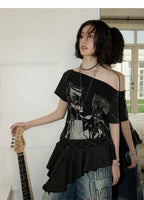 NANA Collaboration Asymmetrical Off-Shoulder Lace Hem Lace-Up Graphic T-Shirt