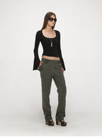 U-Neck Bell Sleeve Fitted Long Sleeve Top