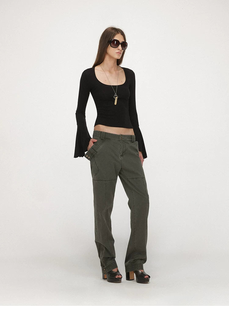U-Neck Bell Sleeve Fitted Long Sleeve Top
