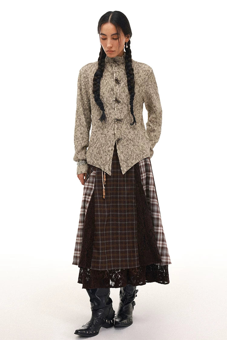 Elegant Jacquard Lace Patchwork Mandarin Collar Shirt