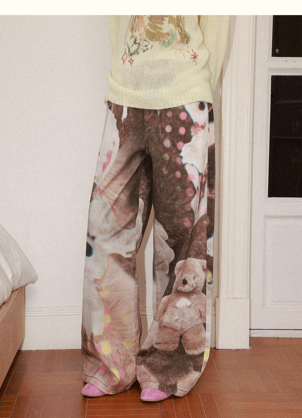 All-Over Doll Print Wide-Leg Denim Pants