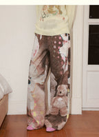 All-Over Doll Print Wide-Leg Denim Pants