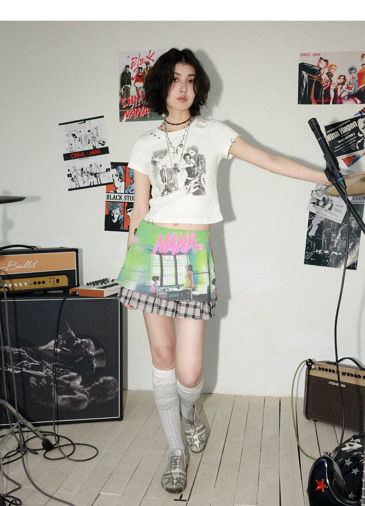NANA Collaboration Plaid Patchwork Printed Pleated Skirt