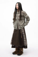 Vintage Plaid Lace Patchwork Layered Midi Skirt