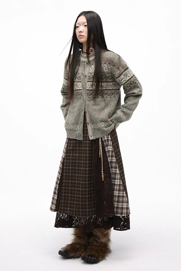 Vintage Plaid Lace Patchwork Layered Midi Skirt