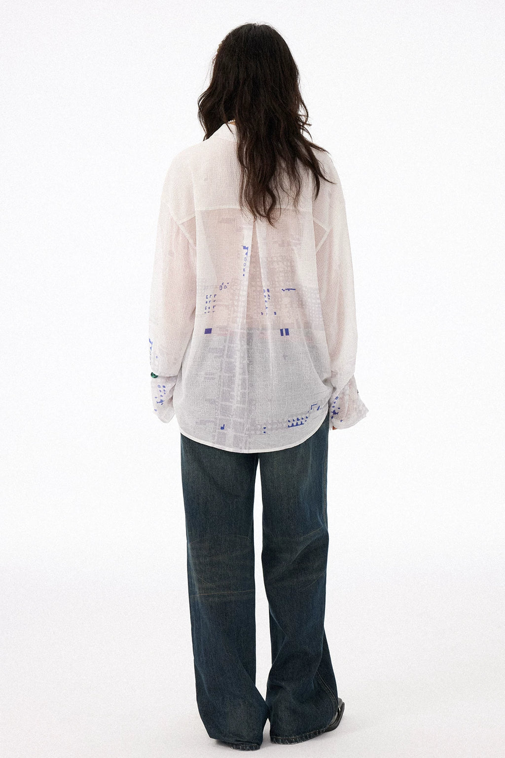 All-Over Print Lightweight Semi-Sheer Crinkled White Shirt