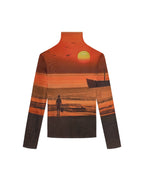 Sunset Print Double-Layer Mesh High-Neck Slim Long Sleeve Top