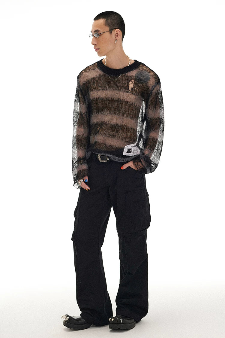 Soft Wool & Mohair Striped Open-Knit Distressed Sweater