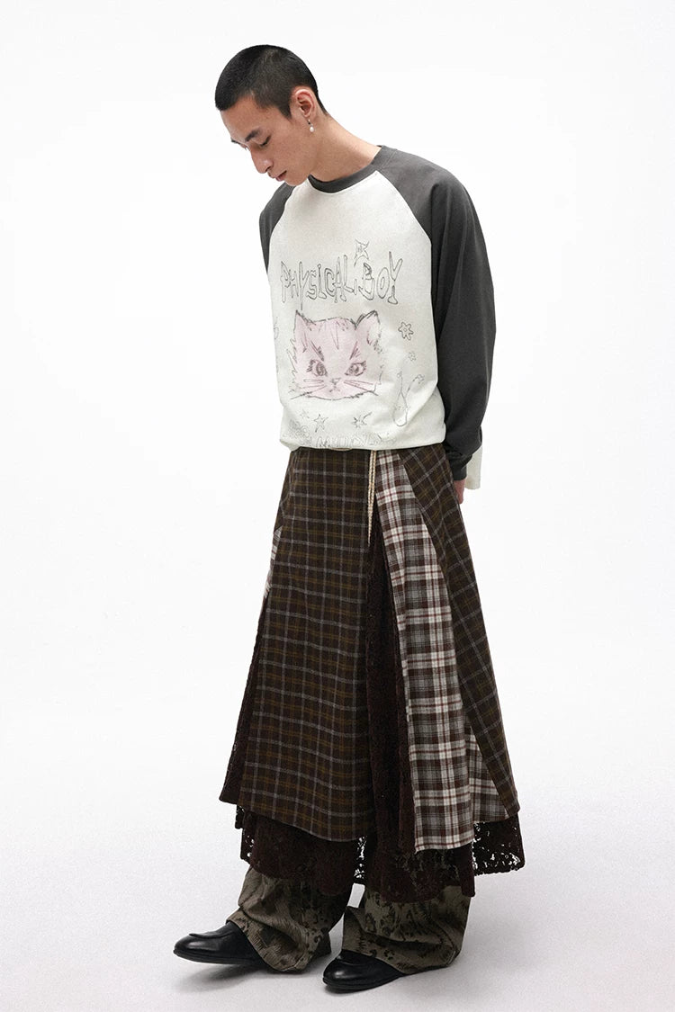 Vintage Plaid Lace Patchwork Layered Midi Skirt