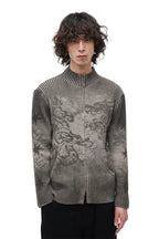 Chinese-Inspired Dragon Print Half-Zip Cardigan Sweater