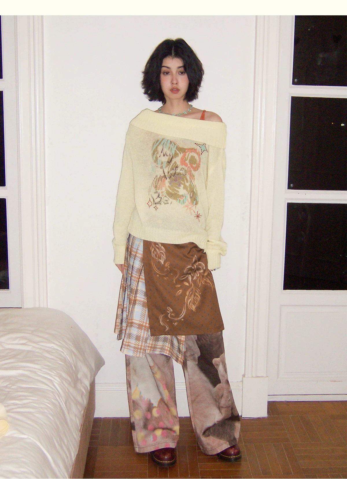 Graffiti Beaded Off-Shoulder Pullover Sweater
