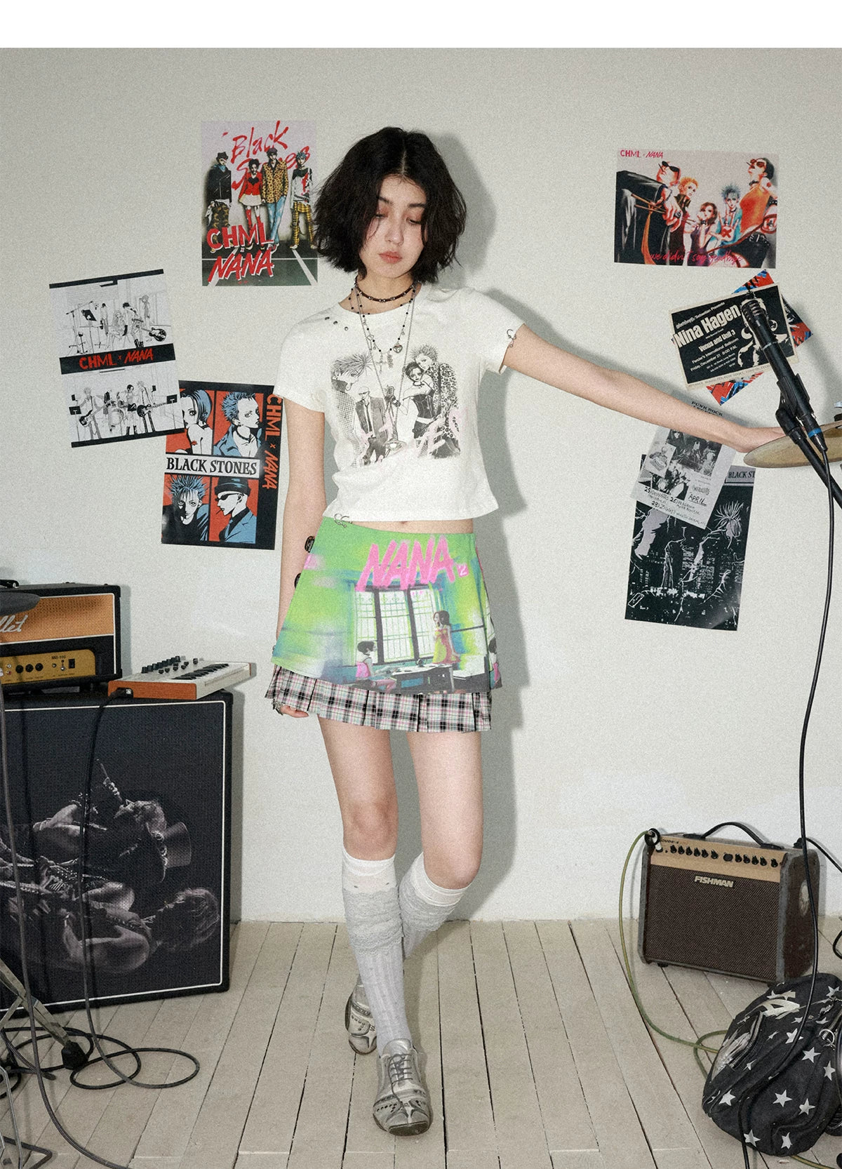 NANA Collaboration Plaid Patchwork Printed Pleated Skirt
