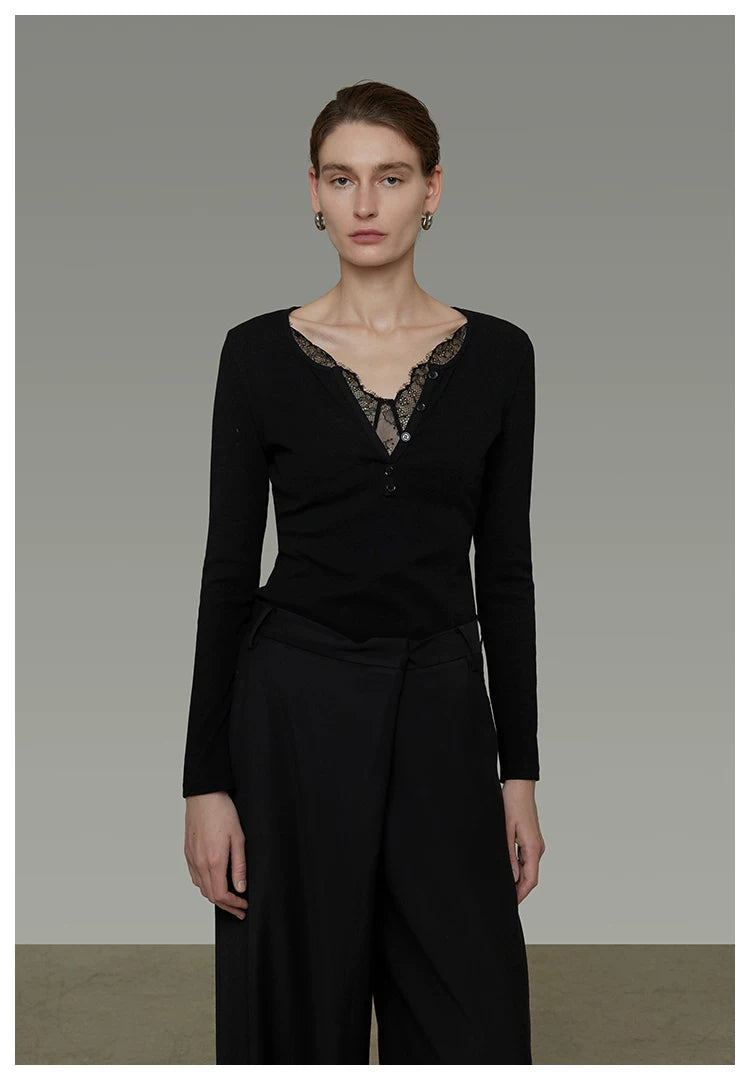 Minimalist Lace V-Neck Slim-Fit Knit Top