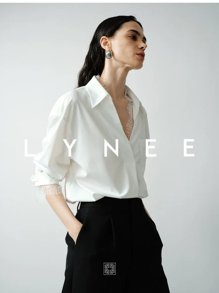 Elegant Lace Trim V-Neck Blouse