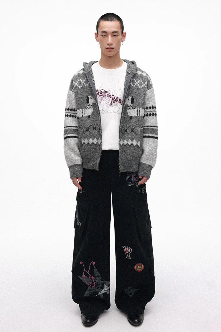 Grotesque Hand-Drawn Graphic Panel Loose Fit Cargo Denim Pants