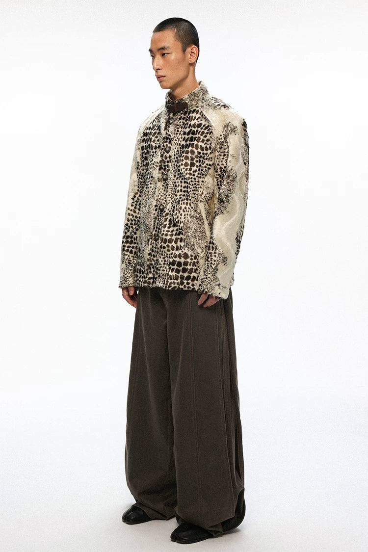Leopard Print Faux Fur Glossy Stand Collar Cropped Casual Jacket