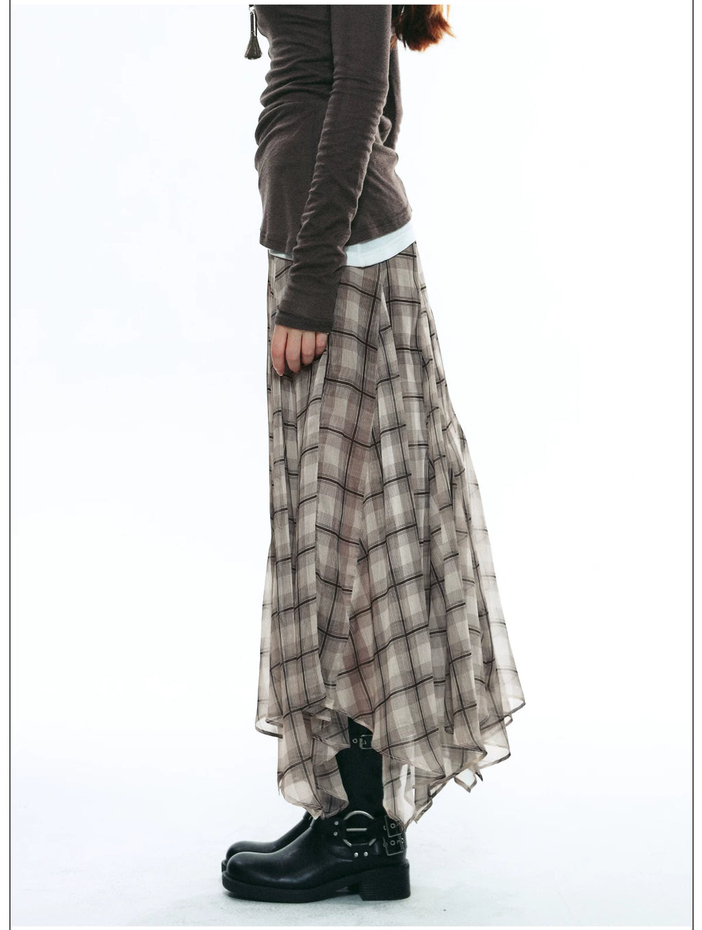 Autumn Scottish-Inspired Flowy Plaid Asymmetric Maxi Skirt