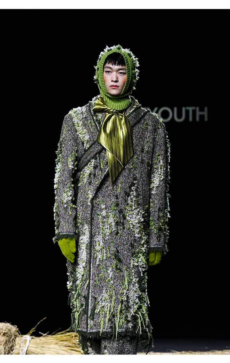 Handmade Mossy Textured Fringe Long Loose Coat