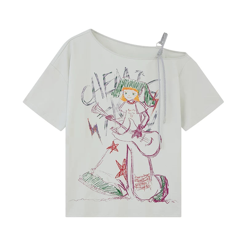 Hand-Drawn Graphic Off-Shoulder Short Sleeve T-Shirt