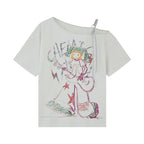 Hand-Drawn Graphic Off-Shoulder Short Sleeve T-Shirt